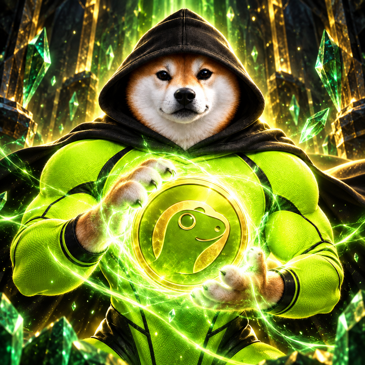 Hood Inu powering up with a glowing green CoinGecko coin