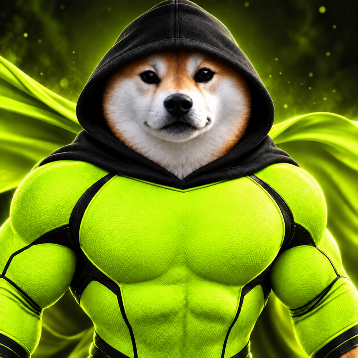 Hood Inu in a black hood and electric lime superhero armor