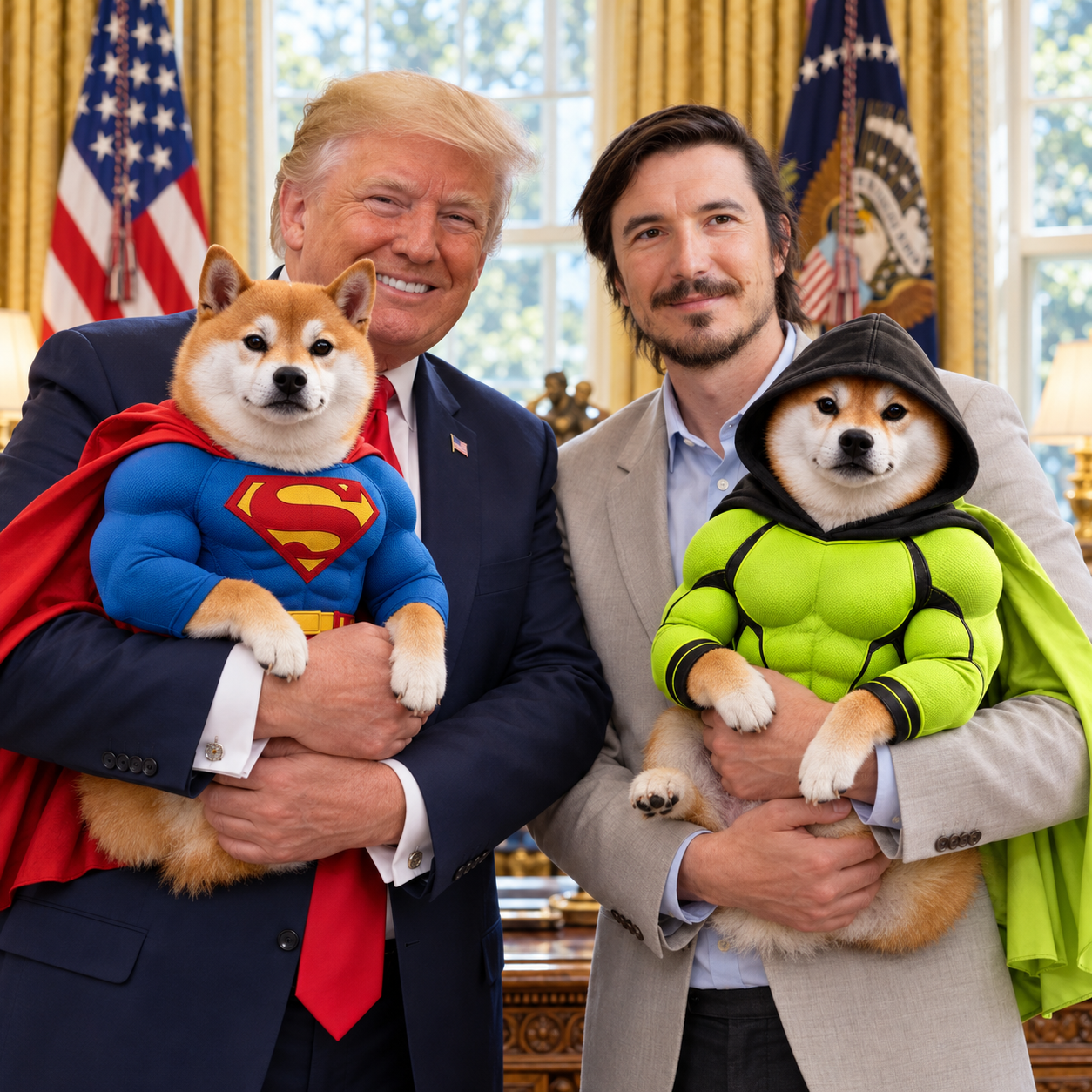 Hood Inu and a superhero Shiba in a fictional White House meme scene